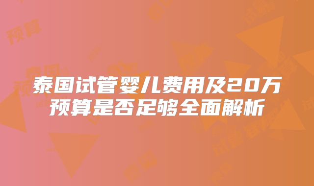 泰国试管婴儿费用及20万预算是否足够全面解析