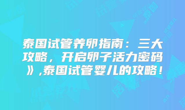 泰国试管养卵指南：三大攻略，开启卵子活力密码》,泰国试管婴儿的攻略！