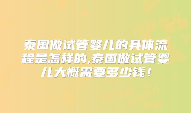 泰国做试管婴儿的具体流程是怎样的,泰国做试管婴儿大概需要多少钱!