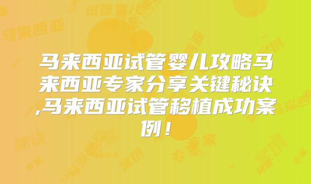 马来西亚试管婴儿攻略马来西亚专家分享关键秘诀,马来西亚试管移植成功案例！