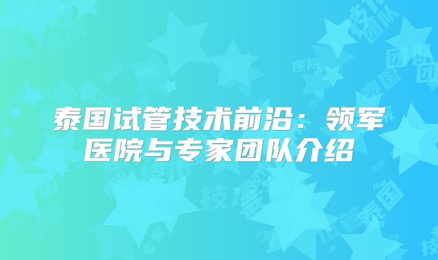 泰国试管技术前沿:领军医院与专家团队介绍