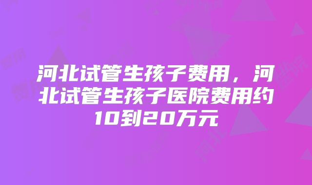 河北试管生孩子费用，河北试管生孩子医院费用约10到20万元