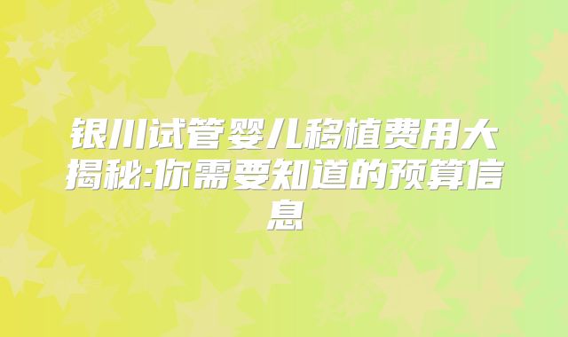 银川试管婴儿移植费用大揭秘:你需要知道的预算信息