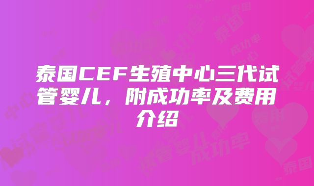 泰国CEF生殖中心三代试管婴儿,附成功率及费用介绍