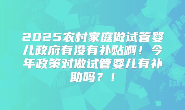 2025农村家庭做试管婴儿政府有没有补贴啊！今年政策对做试管婴儿有补助吗？！