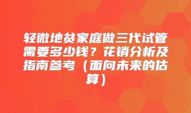 轻微地贫家庭做三代试管需要多少钱？花销分析及指南参考（面向未来的估算）