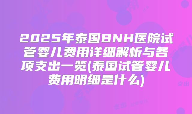 2025年泰国BNH医院试管婴儿费用详细解析与各项支出一览(泰国试管婴儿费用明细是什么)